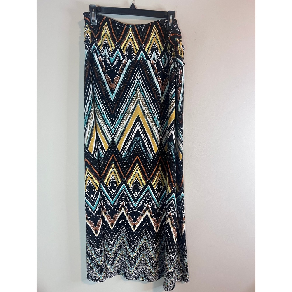 Cato Womens Large Chevron Geometric Print Maxi Skirt Black Yellow Turquoise L
